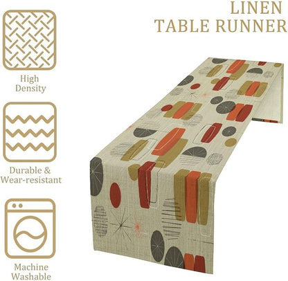 Retro Abstract Geometric Table Runner, Vintage Shapes Stars Mid Century Boho Retro Linen Textured Weave Dinner Runner for Home Kitchen Dining Table Decoration 13"x60"