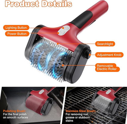 Electric Grill Brush for Outdoor Grill,2600mAh Rechargeable Electric Grill Cleaner with 2-Speed(Max 1000RPM)，2 Replacement Heads and LED Light for Outdoor/Camping BBQ Grates Cleaning Tool (Red)