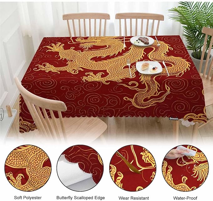 Dragon Decorative Tablecloth, Chinese Dragon Golden Red Kitchen Table Cover Oblong 52"X70" Tablecloths Dining Table Cloth Decor for Buffet Parties Patio and Camping