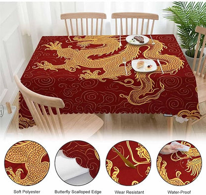 Dragon Decorative Tablecloth, Chinese Dragon Golden Red Kitchen Table Cover Oblong 52"X70" Tablecloths Dining Table Cloth Decor for Buffet Parties Patio and Camping