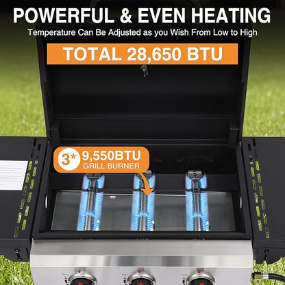 Propane Gas Grill with Folding Side Tables, 3-Burner Gas Grill with Cast Iron Grates and Stainless Steel Griddle Pan, Outdoor BBQ Grill Portable with Wheels 30,000 BTU Output