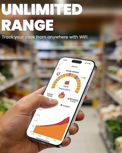 UNERVER Wireless Meat Thermometer with WiFi Unlimited Range - Ultra Thin Probe with 6 High Accuracy ±0.5°F Sensors, Digital Bluetooth Base, Login-Free Smart App, Ideal for Smoker, Oven, Rotisserie
