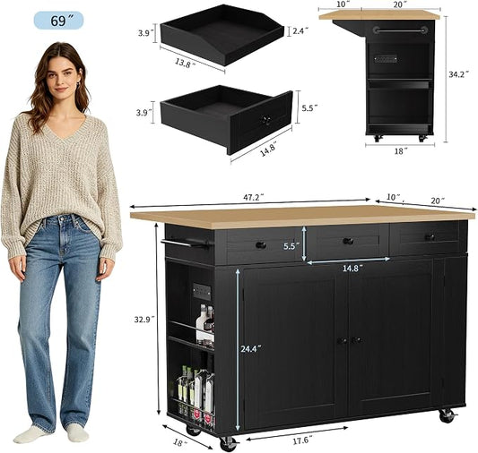 Rolling Kitchen Island with Drop Leaf Countertop, Charging Station | Ample Storage - 47.2" Mobile Kitchen Cart On Wheels with Pull-Out Shelves, Drawers, Spice Rack & Organizer Divider