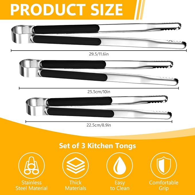 3Pcs Stainless Steel Kitchen Tongs,Metal Cooking Tongs, Heat Resistant Grill Serving Tongs, Heavy Duty Food Tongs with Non-Slip Grip for Salad, Korean Barbecue (9/10/12”)