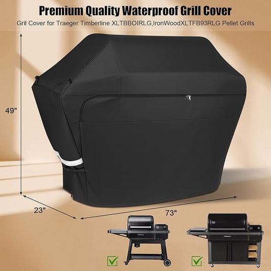 QuliMetal Grill Cover for Traeger Timberline XL TBB01RLG, Ironwood XL TFB93RLG Wood Pellet Grills - Heavy Duty Waterproof Fade Resistant Full-Length Grill Cover for Traeger Cover BAC639 BAC647
