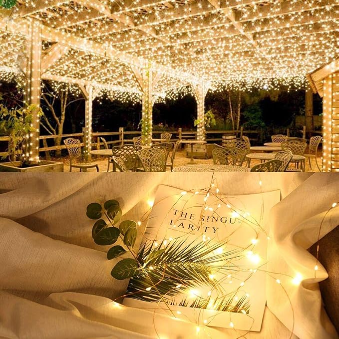 Brizled Solar Fairy Lights Outdoor, 2 Pack 200 LED 66FT Solar String Lights | 8 Mode; Warm White; Waterproof; Twinkle Solar Powered Lights Outside Starry Mini Light String for Christmas Garden Party Tree