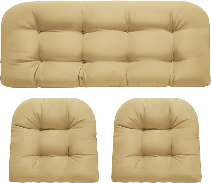 DANGHOOGY Wicker Chair Cushions, Waterproof Outdoor Loveseat Cushions for Patio Furniture, Tufted Wicker Furniture Cushions, 1 Loveseat and 2 U-Shaped Cushions, Khaki