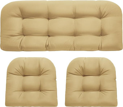 DANGHOOGY Wicker Chair Cushions, Waterproof Outdoor Loveseat Cushions for Patio Furniture, Tufted Wicker Furniture Cushions, 1 Loveseat and 2 U-Shaped Cushions, Khaki