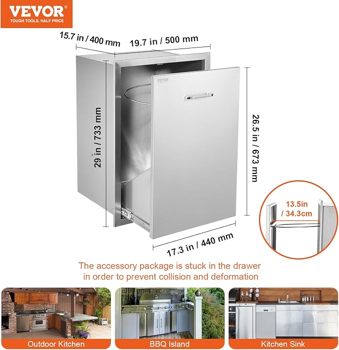VEVOR Outdoor Kitchen Trash Drawer, 19.7"W x 29"H x 15.7"D Inch, Outdoor Kitchen Cabinets, Stainless Steel BBQ Island Drawers, Trash Pull Out Drawer, Outdoor Grill Drawers, BBQ Trash Bin(Not Included)
