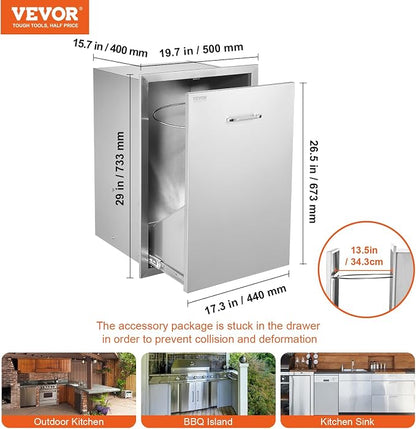 VEVOR Outdoor Kitchen Trash Drawer, 19.7"W x 29"H x 15.7"D Inch, Outdoor Kitchen Cabinets, Stainless Steel BBQ Island Drawers, Trash Pull Out Drawer, Outdoor Grill Drawers, BBQ Trash Bin(Not Included)