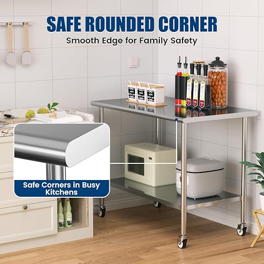 Stainless Steel Work Table with Wheels, 30x60 Inch NSF Kitchen Prep Table with Adjustable Undershelf for Commercial Restaurant, Garage, Outdoor BBQ