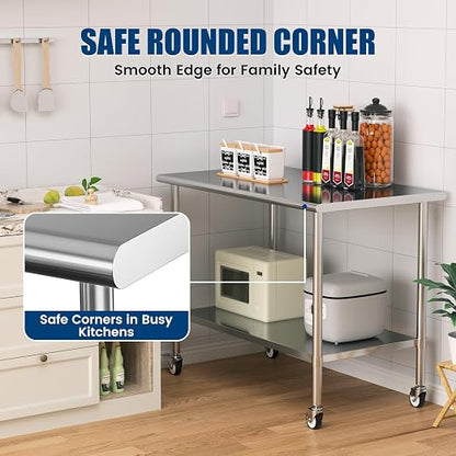 Stainless Steel Work Table with Wheels, 30x60 Inch NSF Kitchen Prep Table with Adjustable Undershelf for Commercial Restaurant, Garage, Outdoor BBQ