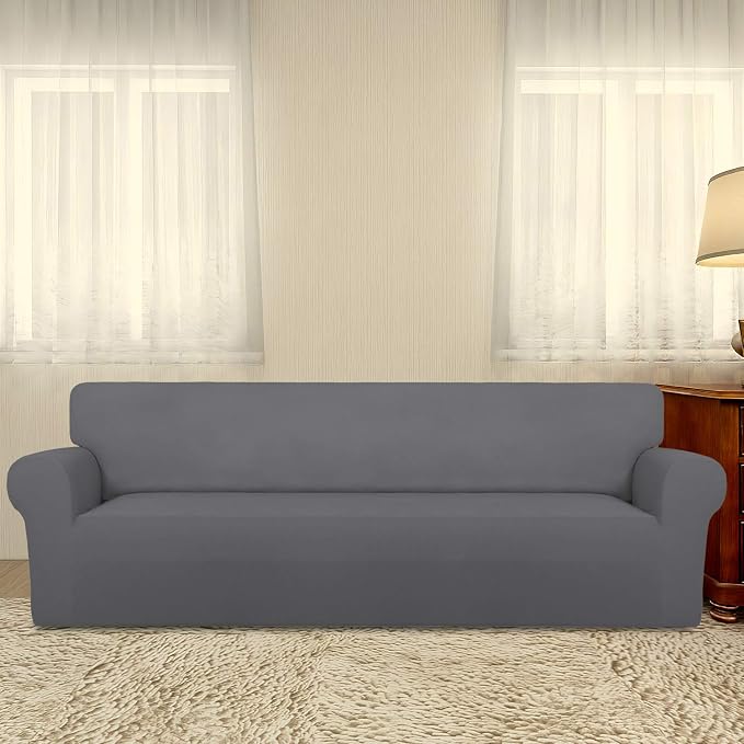 PureFit Stretch Couch Covers for Sofa 4 Seater Slipcovers Gray | 1-Piece Sofa Cover Washable Soft Couch protector, Couch Slipcover with Non Skid Foam and Elastic Bottom for Kids, Dogs