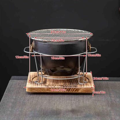 1Set Clay Charcoal Stove, Indoor Pottery Barbecue Stove, Tabletop Pottery Fire Stove, with a Wooden Pads and Grill, Metal Mesh, for Cooking Tea Stove(Black)