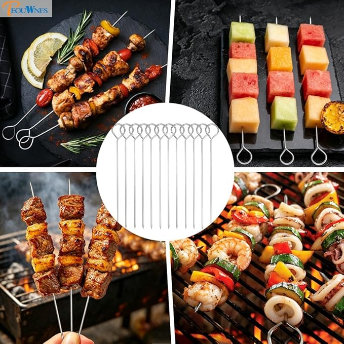20 PCS 14 Inch Stainless Steel BBQ Kabob Skewers, Metal Kebob Sticks Reusable Grilling Skewers for Turkey, Shrimp, Chicken, Fruit, Vegetable, Meat, Beef