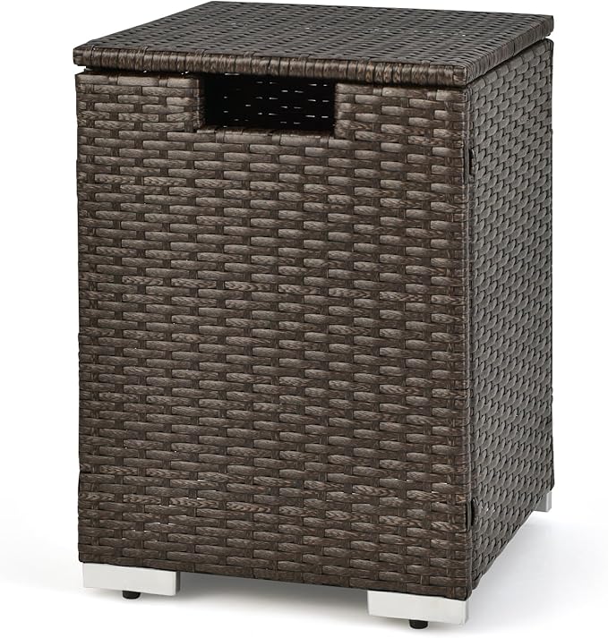 Tangkula Outdoor Propane Tank Cover Table, Patiojoy Wicker Hideaway for Gas Fire Pits, 20 lbs Tank Storage Box, Outdoor Side Table & Holder (Mix Brown)