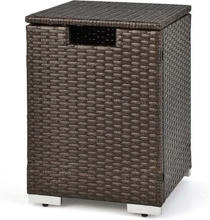 Tangkula Outdoor Propane Tank Cover Table, Patiojoy Wicker Hideaway for Gas Fire Pits, 20 lbs Tank Storage Box, Outdoor Side Table & Holder (Mix Brown)