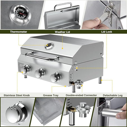 Bestfire 3-Burner Tabletop Propane Gas Grill with Dual Connections, 30,000 BTU Portable Propane Grill Fits Large Cylinders & Small Canisters, Stainless Steel Knobs, Compact Design for Camping, RV, BBQ