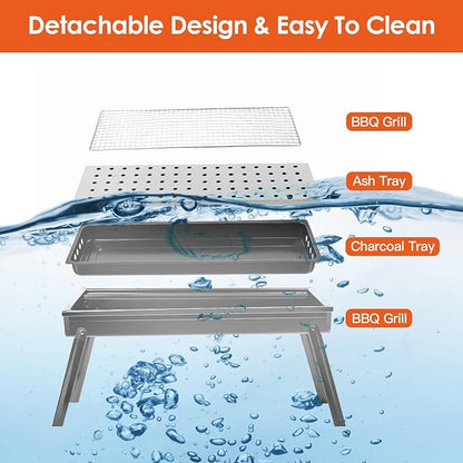 TeqHome Barbecue Charcoal Grill, Stainless Steel Folding Portable BBQ Grill with 2 Side Tray, Foldable Tabletop Grill for Outdoor Cooking Picnics Camping Hiking Tailgating Backpacking Party Backyard