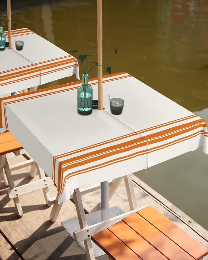 QueenKer Fall Outdoor Tablecloth with Umbrella Hole, Farmhouse Orange Stripe Square Tables Zippered Table Cloth Waterproof Tabletop Table Cover Collection for Patio, Garden, Picnic, Camping, Dining