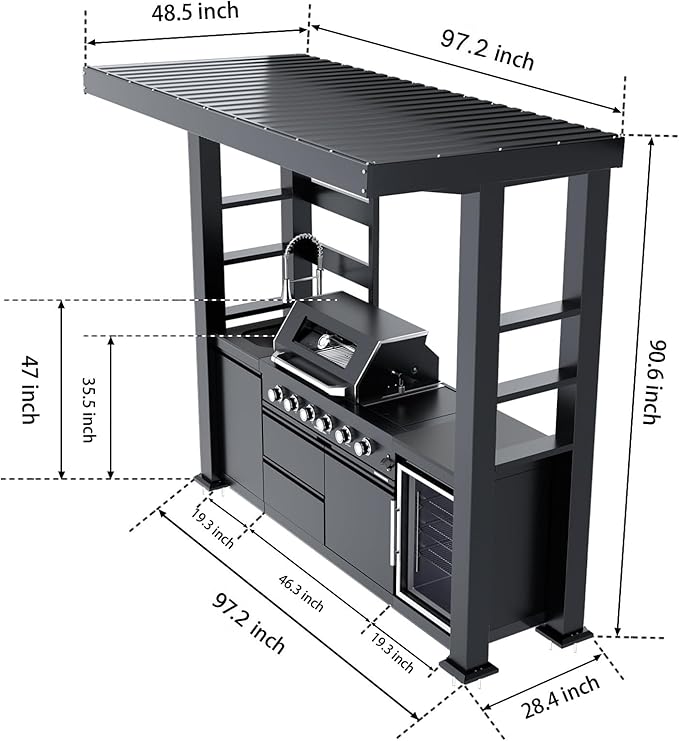 Outdoor Kitchen Island Gas Grill Barbecue Station with Refrigerator Rotisserie Side Burner Granite Countertop Storage Cabinets Drawers Faucet Sink Roof Lights Wheels Thermometer Warming Rack (Black)