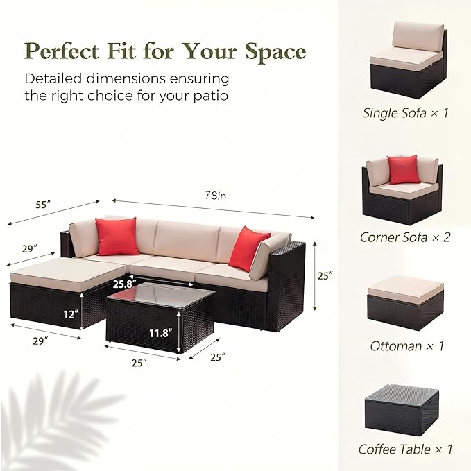 Devoko 5 Pieces Patio Furniture Sets All Weather Outdoor Sectional Patio Sofa Manual Weaving Wicker Rattan Patio Seating Sofas with Cushion and Glass Table (Beige)