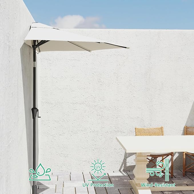 Helios&Hestia 9 ft Small Half Round Wall Outdoor Market Patio Umbrella with Tilt and Crank for Garden, Deck, Balcony