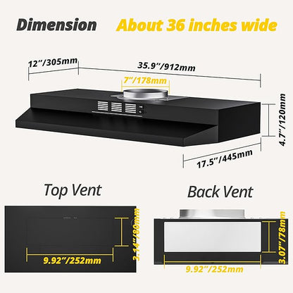 FIREGAS Black Range Hood 36 inch Under Cabinet, Ducted/Ductless Convertible Kitchen Hood, Black Painted Stainless Steel Vent Hood with LED Light,2 Speed Exhaust Fan