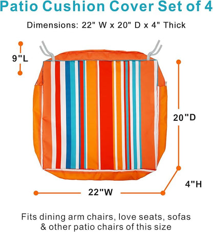 NettyPro Patio Chair Seat Cushion Covers Set 4 Water Repellent UV Resistant Outdoor Furniture Cushion Slipcover with Zipper and Tie, 22 x 20 x 4 Inch, Stripes Multicolor