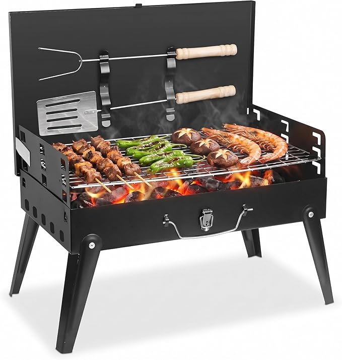 Portable Foldable Charcoal Grill Tabletop BBQ Suitcase with Grill Shelf Carry Bag Desktop Compact Charcoal Grill for Outdoor Camping and Picnic Grilling 16.7x10x17.7in (Black)