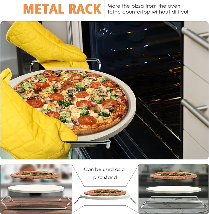 5 PCS Round Pizza Stone Set, 13" Pizza Stone for Oven and Grill with Pizza Peel(OAK),Serving Rack, Pizza Cutter & 10pcs Cooking Paper for Free, Baking Stone for Pizza, Bread (Pack of 2)