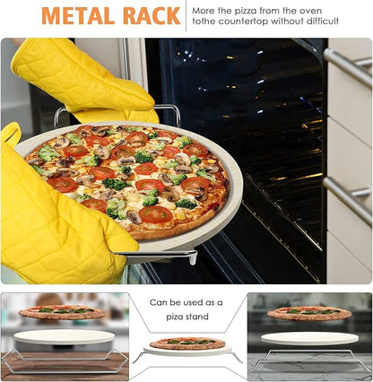 5 PCS Round Pizza Stone Set, 13" Pizza Stone for Oven and Grill with Pizza Peel(OAK),Serving Rack, Pizza Cutter & 10pcs Cooking Paper for Free, Baking Stone for Pizza, Bread (Pack of 2)