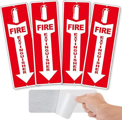 (4 Pack) Fire Extinguisher Signs – Strong Self Adhesive Fire Extinguisher Sign for Business, 12x4 Inch Aluminum Fire Extinguisher Signs Weather Resistant and Easy to Install (Red)