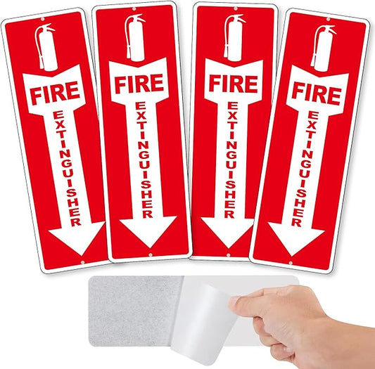 (4 Pack) Fire Extinguisher Signs – Strong Self Adhesive Fire Extinguisher Sign for Business, 12x4 Inch Aluminum Fire Extinguisher Signs Weather Resistant and Easy to Install (Red)