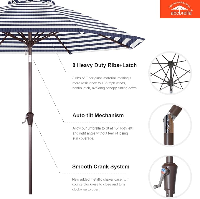 ABCCANOPY OLEFIN® 5-Year No Fading 9FT Outdoor Patio Umbrella(Navy Stripe) | Fade & UV Resistant Fabric,8 Fiberglass Ribs，Wind Vent，Crank Lift & Tilt,Outdoor Table Umbrella for Deck,Backyard,Yard