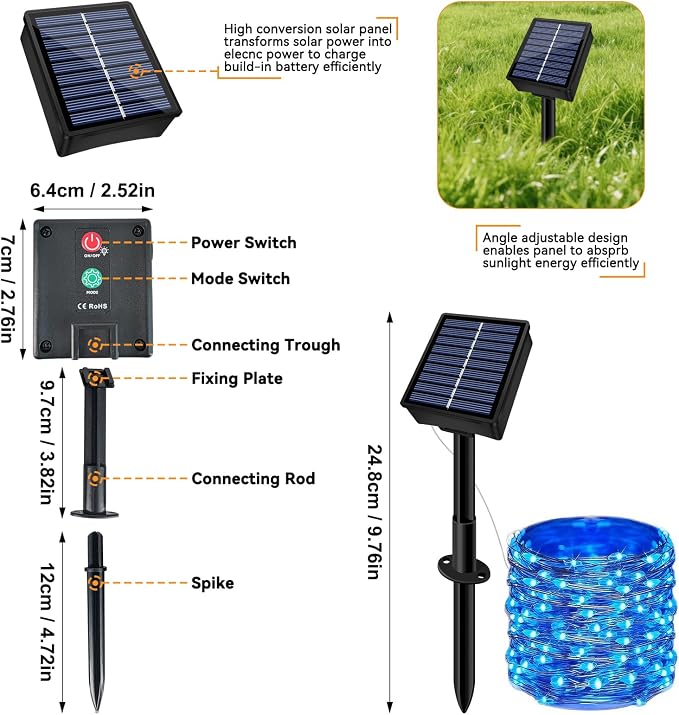 Solar String Lights Outdoor Waterproof 33ft 100LED 8 Modes Twinkle Lights Solar Fairy Lights for Patio, Garden Yard Party Wedding Tree Christmas Halloween Decoration, Blue