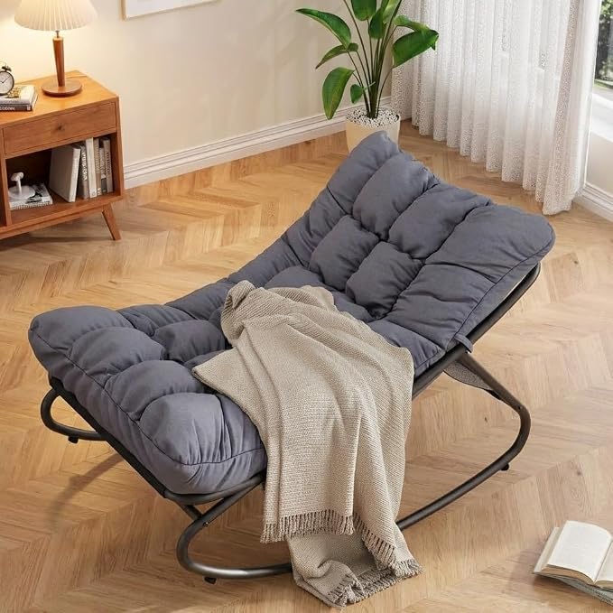 Garvee Outdoor Papasan Rocking Chair, Oversized Metal Frame Egg Rocker with Thick Waterproof Cushion, 450 lbs, Comfy Lounge for Patio, Porch, Garden, Living Room, Dark Gray