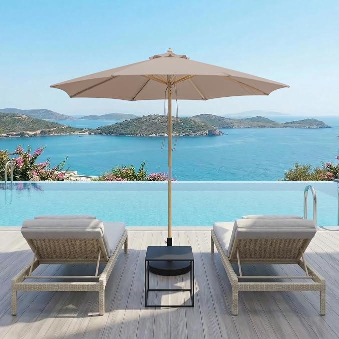 9FT/10FT Wood Patio Umbrella, Large Outdoor Table Pool Umbrella | 205G Olefin/180G Polyester Fabric, Push-Pull Operation Market Umbrella, 8 Rib Vented Canopy, Ideal for Patio, Backyard