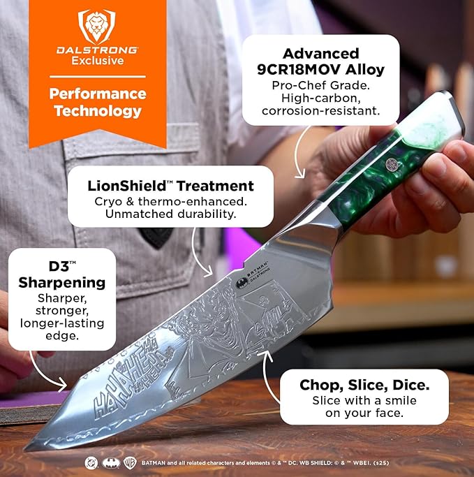 Dalstrong Joker Edition 8" Chef Knife (DC Official License) — 5-Layer 9CR18MOV Stainless, 8–12° Edge, Unique Joker-Art Resin Handle — For Collectors, Gift-Giving & Real Kitchen Use