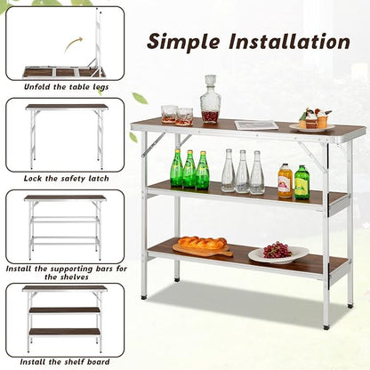 Giantex Portable Bar Table for Events, Folding Mobile Bartending Station with Storage Shelves, Removable Privacy Skirt, Carrying Case, for Parties, Catering, Trade Shows (Coffee, 43.5''L x 34.5''H)