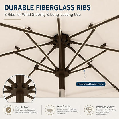 10ft Patio Umbrella, 3-Tier Vented Outdoor Table Umbrella with 8 Sturdy Fiberglass Ribs, Windproof Market Umbrella with Push Button Tilt and Crank, UV Protection for Deck, Pool, Creamy White