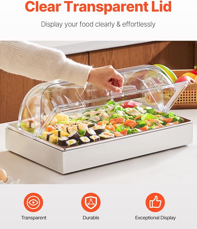 VEVOR Countertop Food Serving Display Container, 1 x 1 Pan Stainless Steel Food Serving Tray, Buffet Condiment Dispenser Display Rack with Clear Lid & 3 Ice Trays, for Restaurant Hotel Kitchen Party