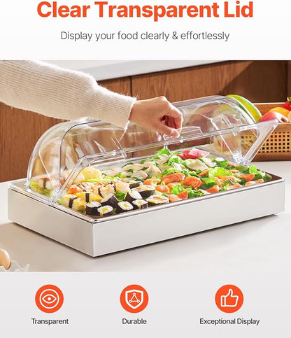 VEVOR Countertop Food Serving Display Container, 1 x 1 Pan Stainless Steel Food Serving Tray, Buffet Condiment Dispenser Display Rack with Clear Lid & 3 Ice Trays, for Restaurant Hotel Kitchen Party