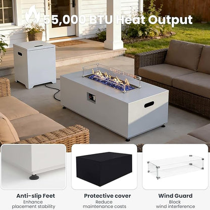 42 Inch Gas Fire Pit Table, 55,000 BTU Propane Fire Pits for Outside with Aluminum Lid and Waterproof Cover, 2 in 1 Firepit Table