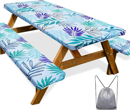 Picnic Table Cover Bench Covers Camping Essentials Tablecloth | Waterproof Vinyl for Outdoor, Windproof Elastic Fitted Edges, RV BBQ Accessories Must Haves, Storage Bag Included