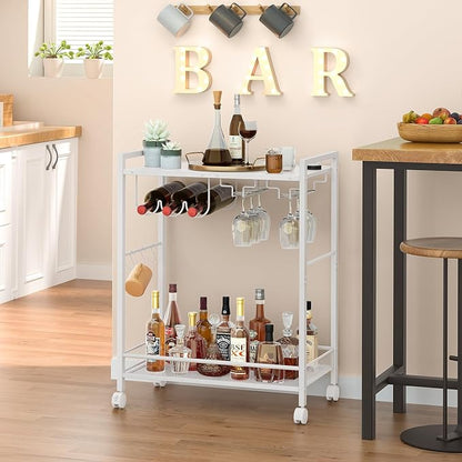 Joaxswe Bar Cart,2-Tier Home Bar Serving Cart with Lockable Wheels,White | Microwave Cart,Mobile Kitchen Shelf,Rolling Beverage Cart with Wine Rack and Glass Holder for Kitchen,Dinning Room