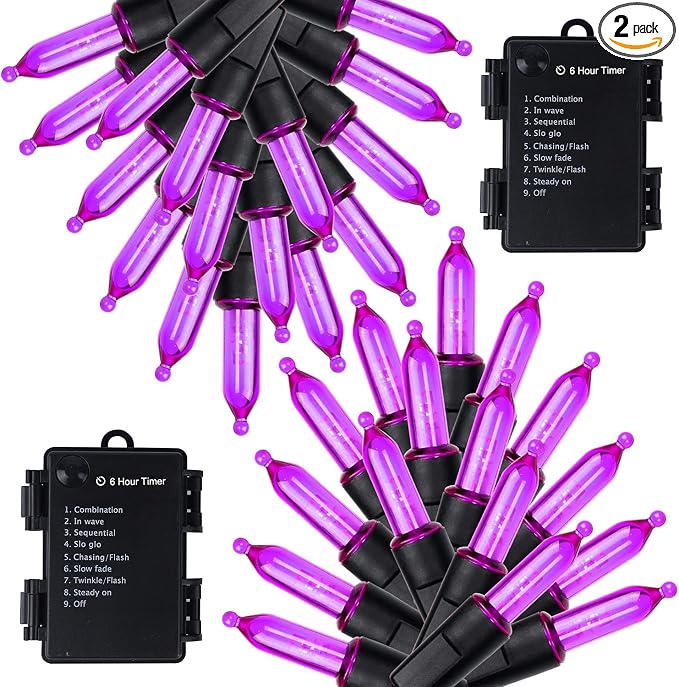 WATERGLIDE 2 Pack 50 LED Outdoor Halloween Lights, 16 FT Mini String Light with 8 Modes, Waterproof Battery Operated Tree Lights for Indoor Outdoor Patio Garden Party Wedding Decoration, Purple