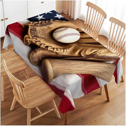 Swono Decorative Rectangle Table Cloth American Flag, Vintage Baseball Bat Glove On USA Flag Polyester Tablecloth Kitchen Table Cover for Dining BBQ Picnic Coffee Table 50x72, 4-6 Seats