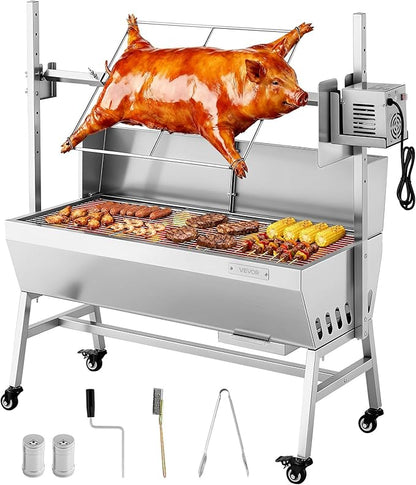 VEVOR Rotisserie Grill, 38W Stainless Steel BBQ Outdoor Pig & Lamb Spit Roaster, 132 LBS Load Capacity Charcoal Spit Roaster with 7-Level Height, Electric Rotisserie Grill Kit for Camping Outdoor