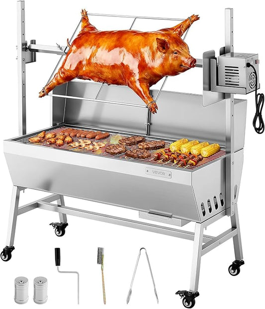 VEVOR Rotisserie Grill, 38W Stainless Steel BBQ Outdoor Pig & Lamb Spit Roaster, 132 LBS Load Capacity Charcoal Spit Roaster with 7-Level Height, Electric Rotisserie Grill Kit for Camping Outdoor